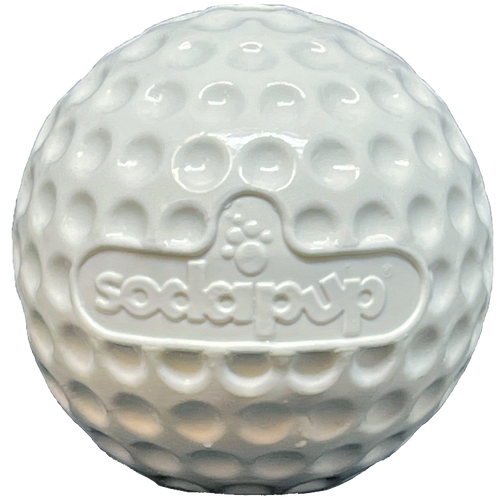 White SodaPup Golf Ball rubber treat dispenser with a dimpled surface