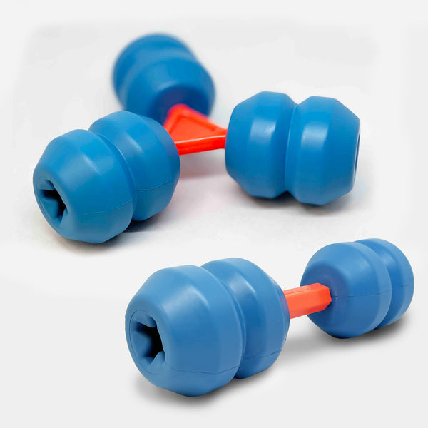Blue treat dispensers joined by orange Unstoppables Connectors