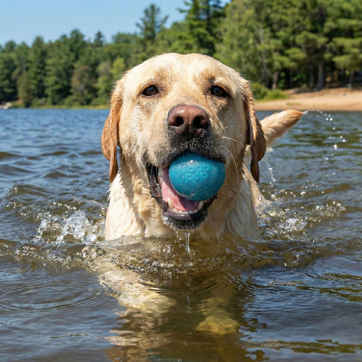 Yellow Lab swimming in a lake with a blue Glitter Ball