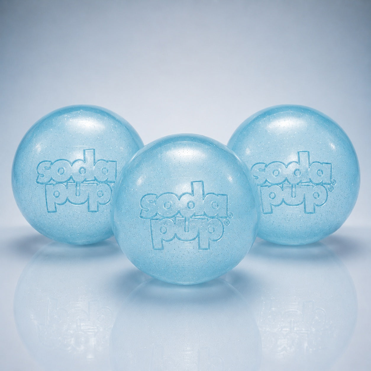 Ice Blue Glitter Ball Dog Toy 3-pack Close-Out | Soft PUP-X Rubber Floating Fetch Ball with Treat Dispenser | USA Made - no packaging - not for resale - SodaPup/True Dogs, LLC