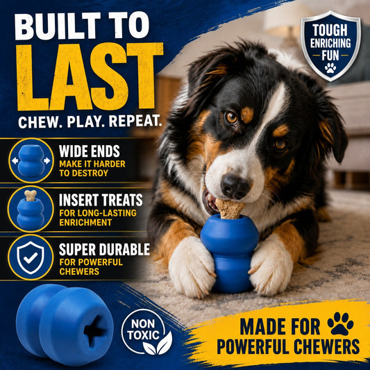 Dog playing with a blue dog toy, surrounded by text highlighting features and benefits.