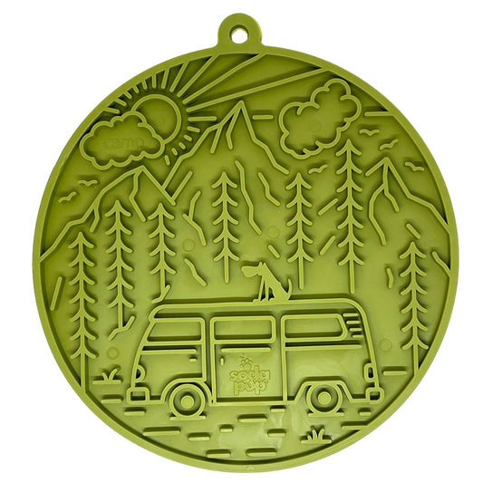 SodaPup Camp eMat Enrichment Lick Mat Dogs Cats Suction Cups | Retro Van Design USA Made Green E-Mat