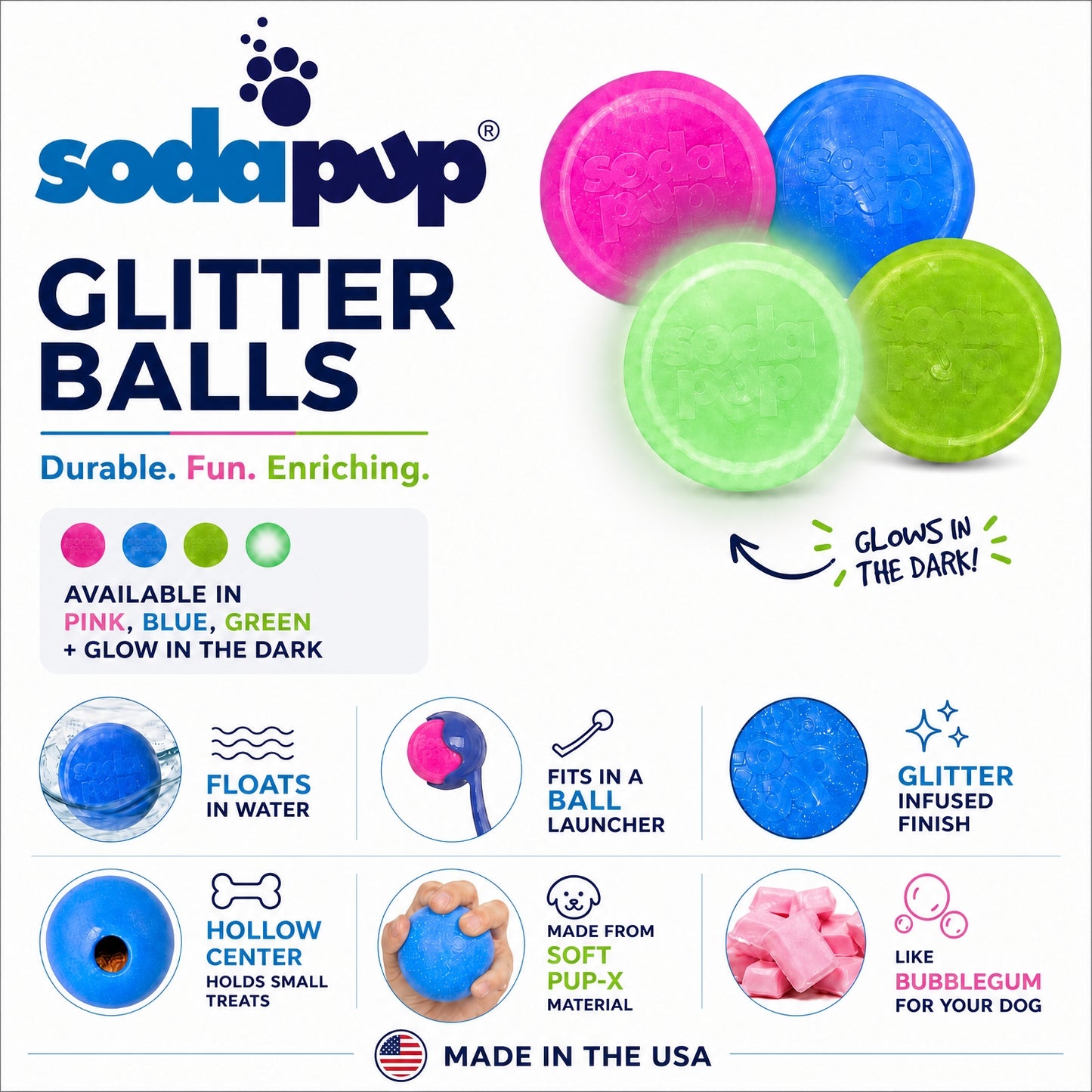 SodaPup Princess Pack 2-Pack Dog Toy | Pink Glitter Ball + Unicorn Horn Chew USA Made