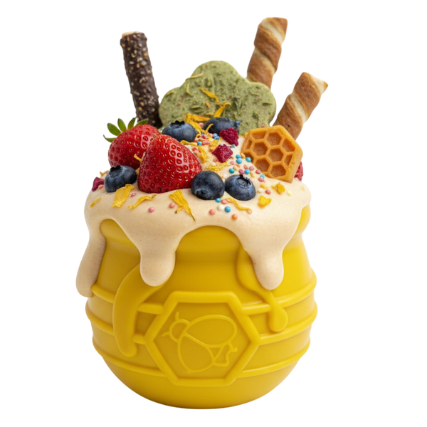Yellow SodaPup Honey Pot eCup piled high with yogurt, berries, and wafer treats