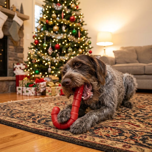 Wirehaired pointer chewing a Candy Cane toy on a rug by a Christmas tree