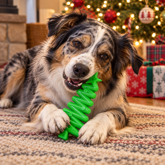 Australian shepherd lying on a rug by a Christmas tree chewing a Christmas Tree toy