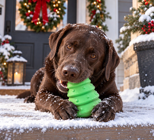 Chocolate Lab lying in the snow on a porch chewing a Christmas Tree toy