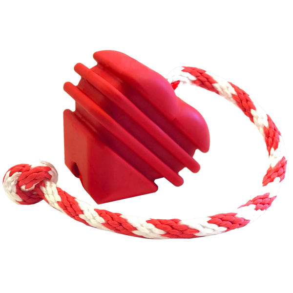 Red Heart on a String rubber tug toy with a red and white rope