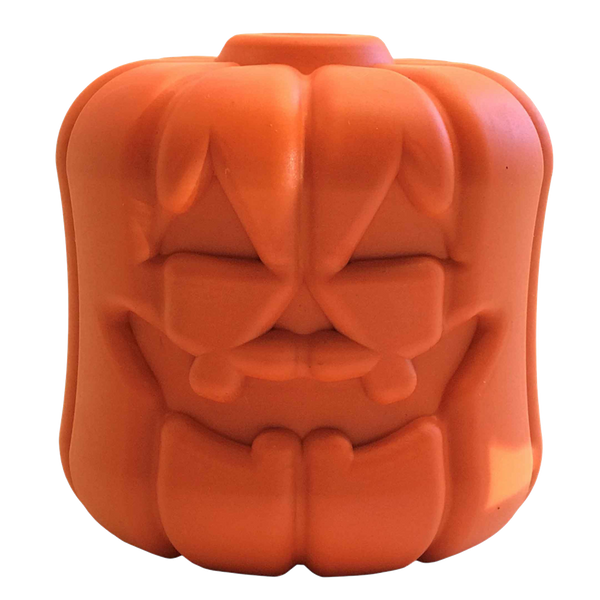 Orange Jack O' Lantern rubber treat dispenser with a carved pumpkin face