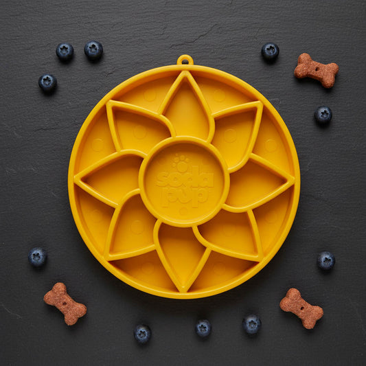 SodaPup Sunflower Softie eTray Slow Feeder Dog Bowl | Soft Shallow Lick Mat Yellow & Purple USA Made