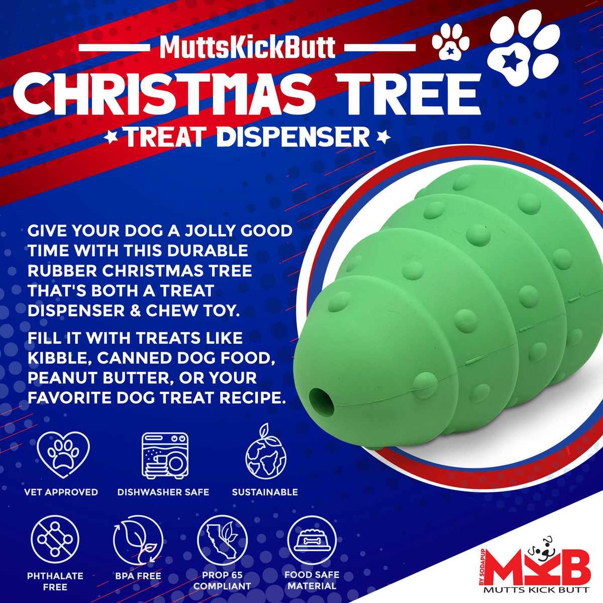 SodaPup Durable Christmas Tree Dog Toy Treat Dispenser Enrichment Feed