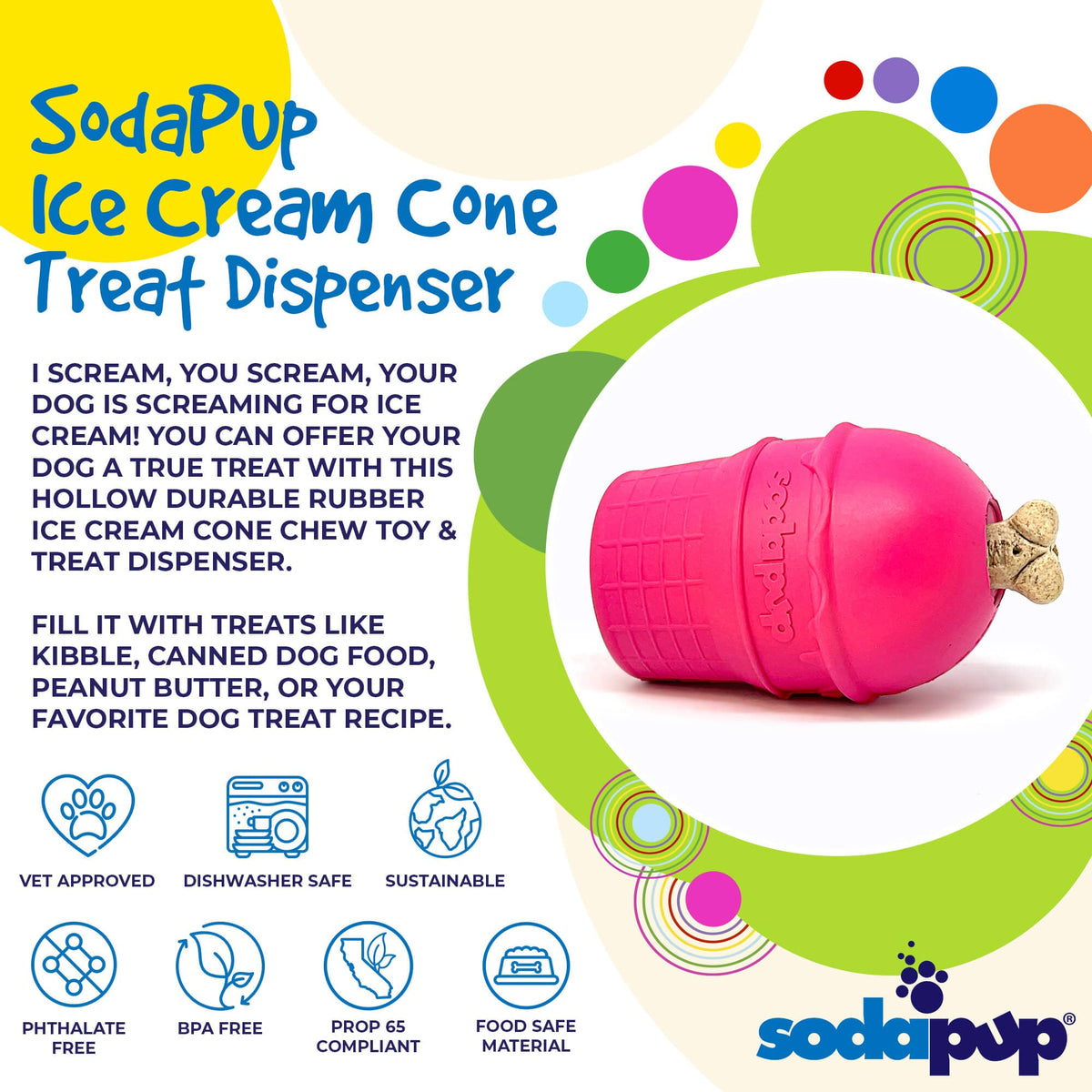 SP Ice Cream Cone Durable Rubber Chew Toy and Treat Dispenser, Size: Medium, Blue