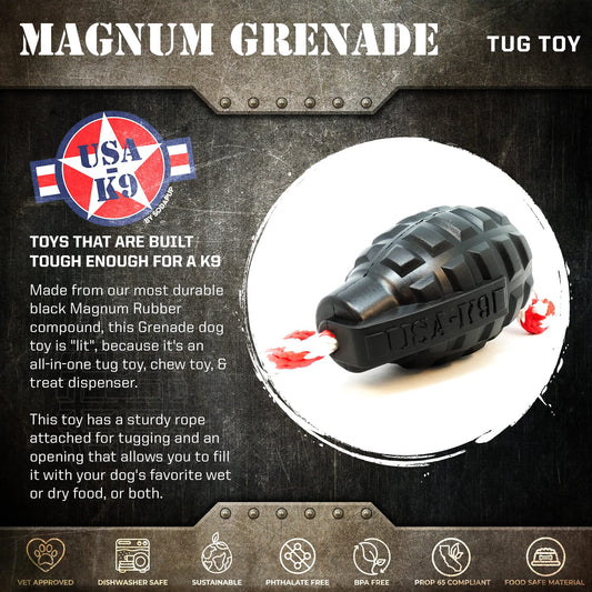 SodaPup USA-K9 Magnum Grenade Black Rubber Chew Toy Extreme Chewers | USA Made