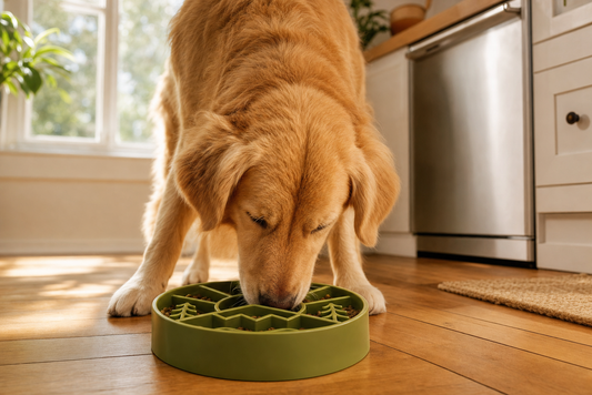 Golden retriever eating from a SodaPup Great Outdoors eBowl slow feeder dog bowl