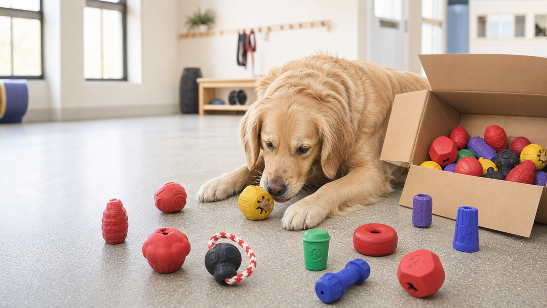 Multiple SodaPup rubber dog toys arranged together for bulk buyers