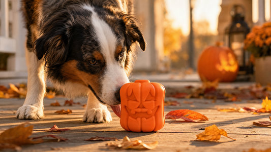 Orange Jack O' Lantern SodaPup treat-dispensing dog toy on an autumn porch beside a dog