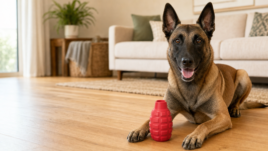 Belgian Malinois lying on a hardwood floor beside a red USA-K9 rubber grenade chew toy made in the USA