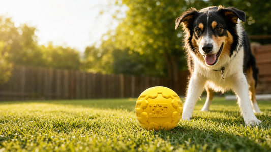 Yellow SodaPup Industrial Dog Ball on grass with a dog ready to play