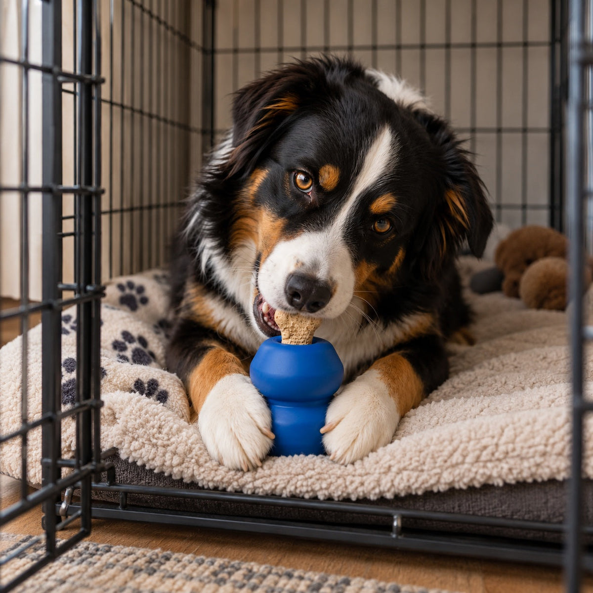 Dog calmly settled in a crate with a SodaPup enrichment toy — crate training tool for separation anxiety and alone time