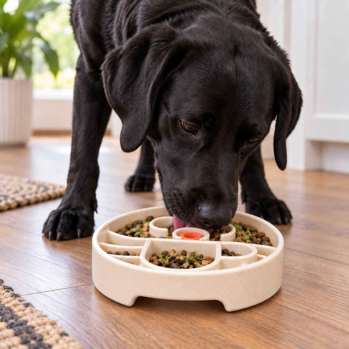 Dog eating from a SodaPup slow feeder bowl — enrichment bowl to slow down fast eaters, prevent bloat, and reduce gulping in dogs