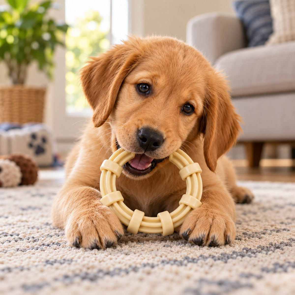 Puppy chewing a SodaPup teething ring — safe natural rubber chew toy for teething puppies and puppy enrichment