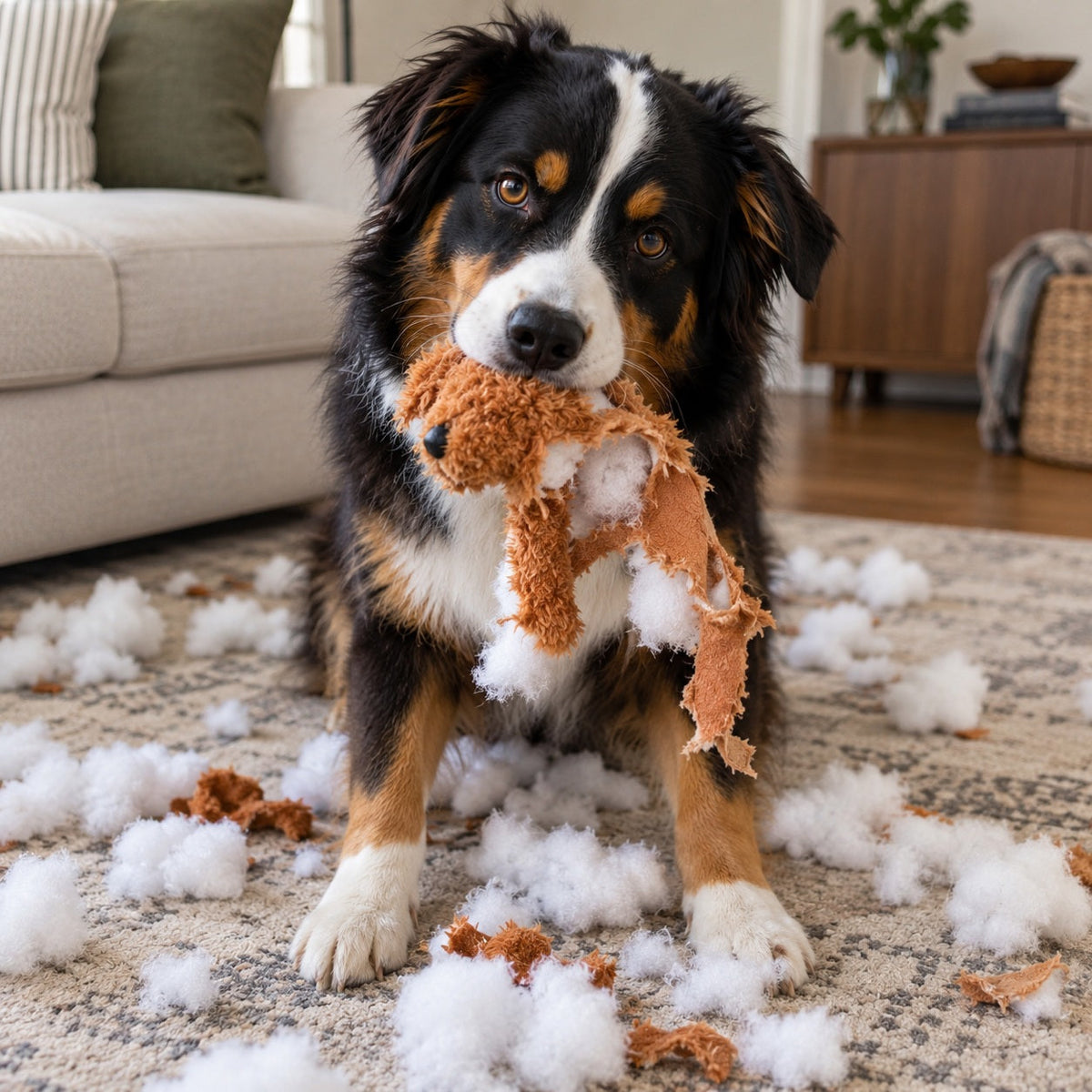 Shepherd holding a destroyed plush toy — SodaPup ultra-durable chew toys and treat dispensers for power chewers and aggressive chewers