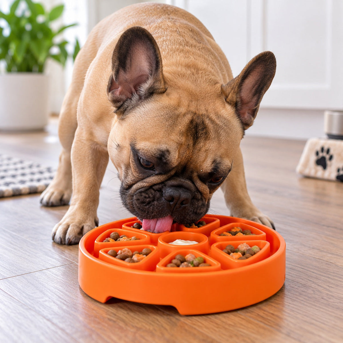 French Bulldog licking a SodaPup enrichment toy — slow feeder and lick mat designed for flat-faced breeds, Bulldogs, Pugs, and senior dogs