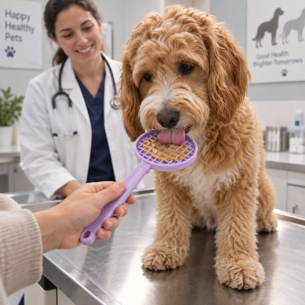 Dog licking a SodaPup eStick lick stick during a vet visit — calming enrichment tool for cooperative care, nail trims, and veterinary procedures