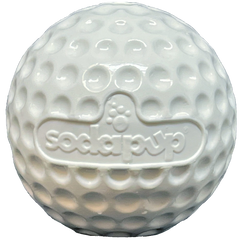 White SodaPup Golf Ball rubber treat dispenser with a dimpled surface