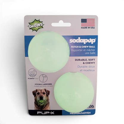 Glow in the Dark Glitter Ball 2-Pack Dog Toy | Soft PUP-X Rubber Floating Fetch Ball with Treat Dispenser | USA Made