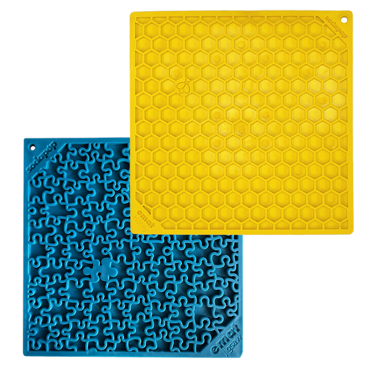 Yellow Honeycomb eMat and blue Jigsaw eMat lick mats