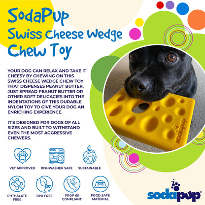 SodaPup Swiss Cheese Wedge Chew Toy packaging with a dog and product image.