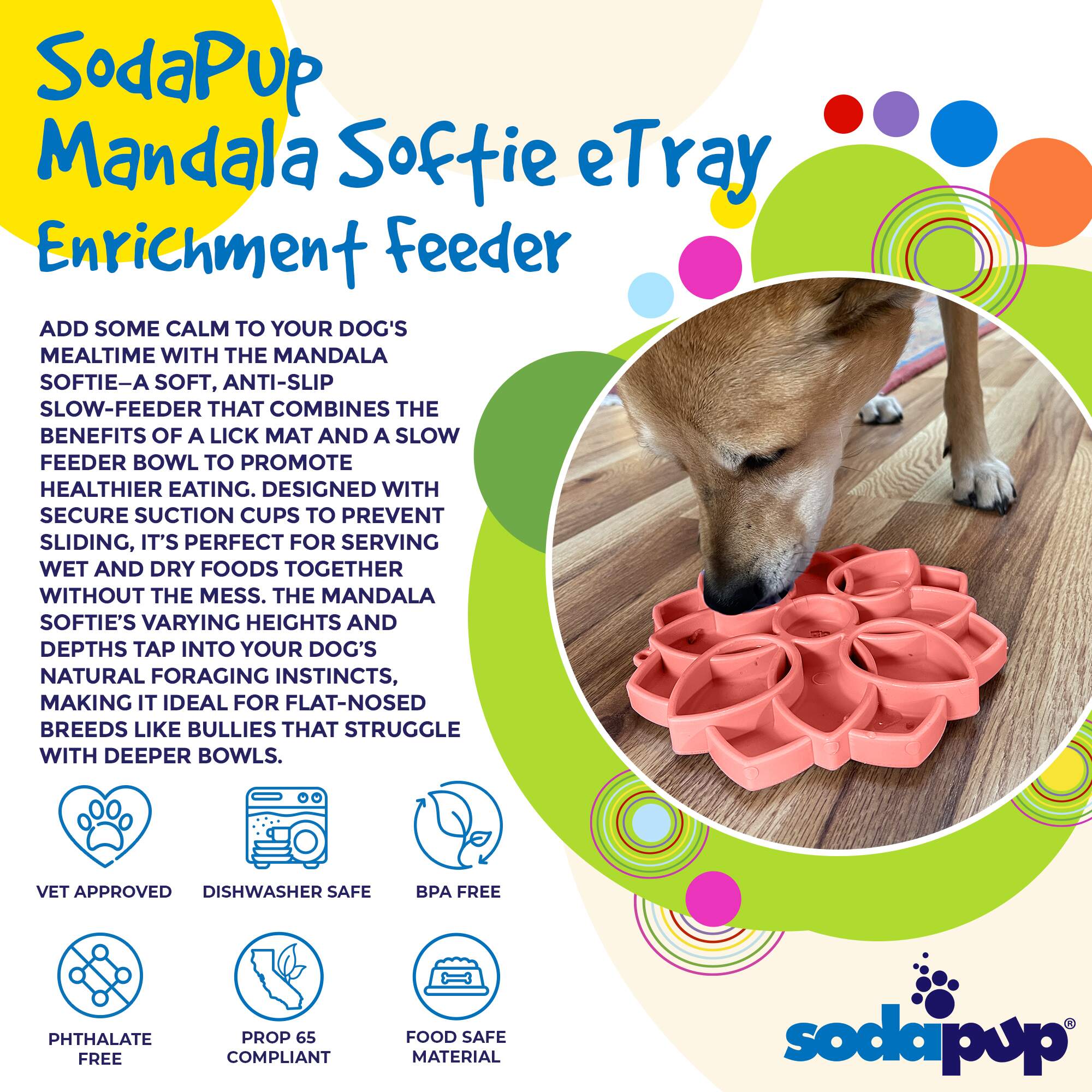 Mandala Softie eTray Shallow Slow Feeder Dog Bowl with Suction