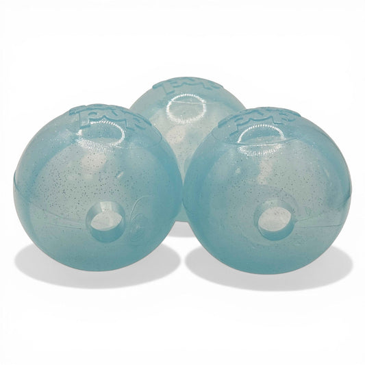 SodaPup Ice Blue Glitter Ball Dog Toy 3-pack Close-Out | Soft PUP-X Rubber Floating Fetch Treat Dispenser USA Made no