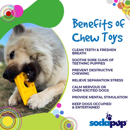 Dog playing with a chew toy with text listing benefits of chew toys and SodaPup logo.