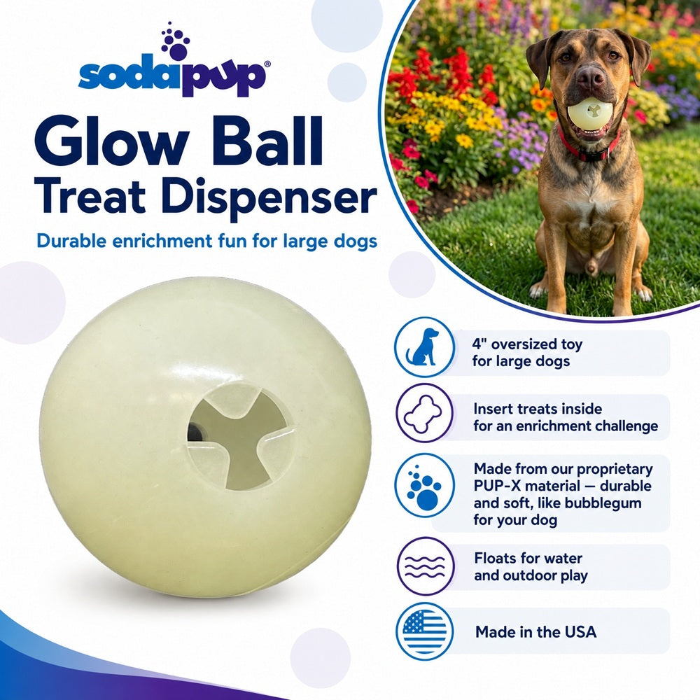 4" Glow-in-the-Dark Dog Ball - Treat Dispenser & Water Toy | USA Made - SodaPup/True Dogs, LLC