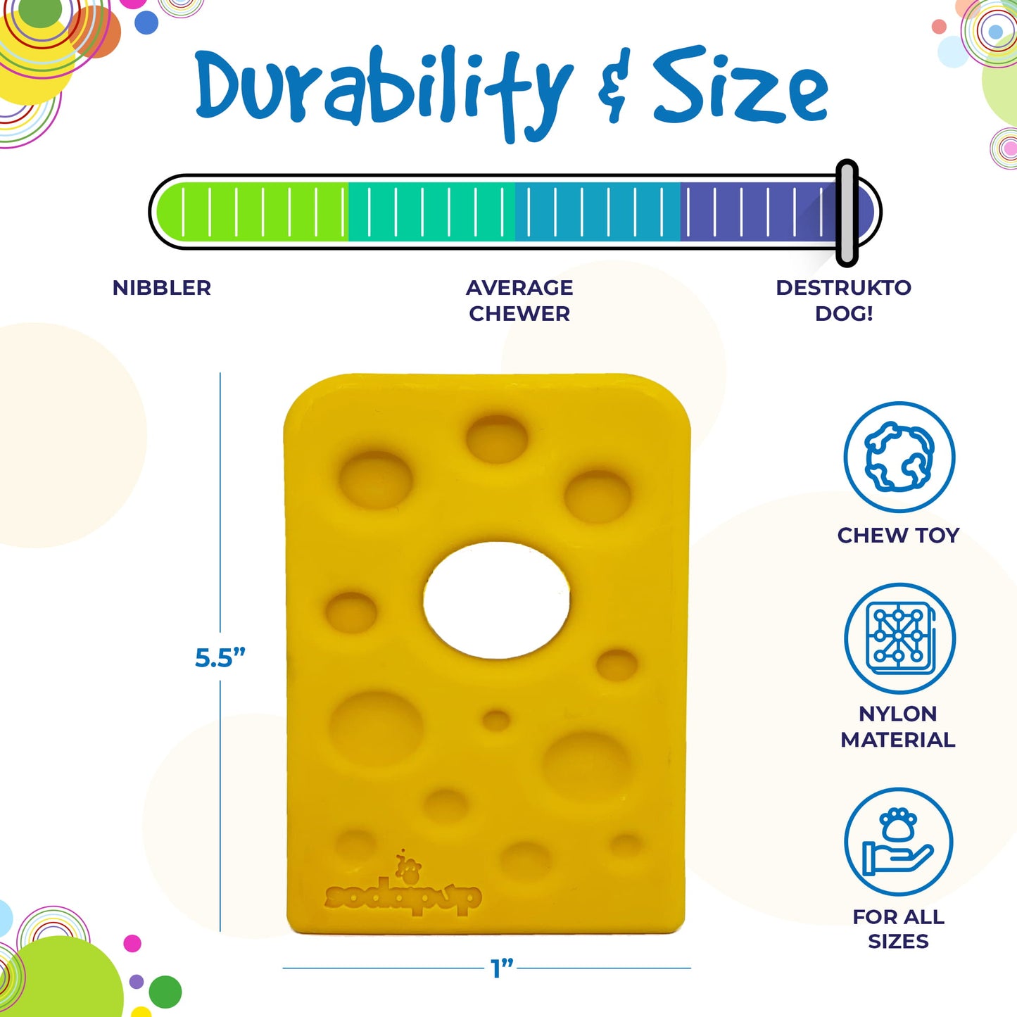 Yellow chew toy with text on durability and size, brand logo visible
