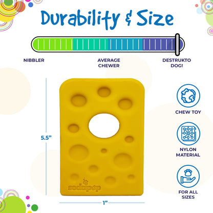 Yellow chew toy with text on durability and size, brand logo visible