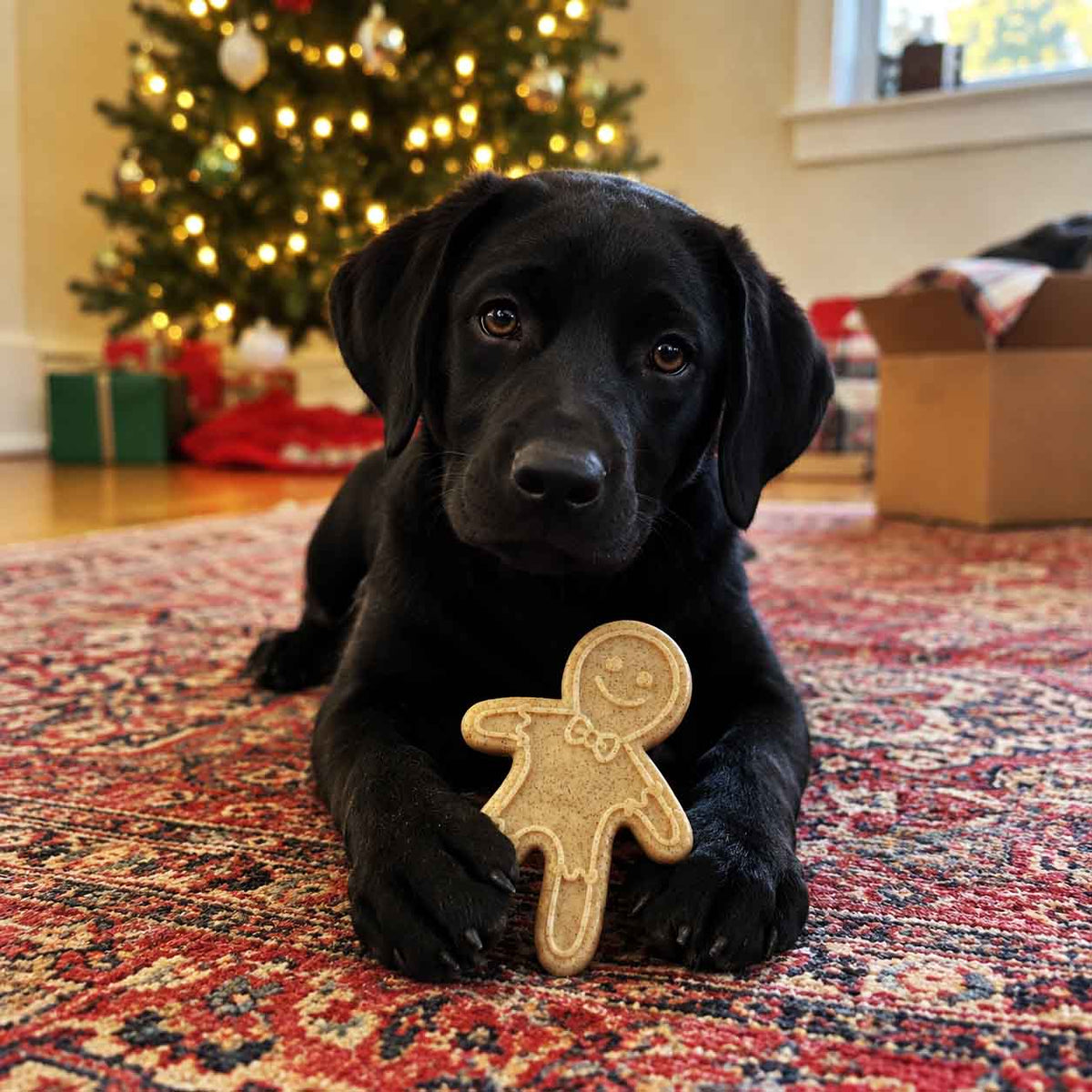Black Lab puppy lying on a rug by a Christmas tree with a Gingerbread Man chew toy
