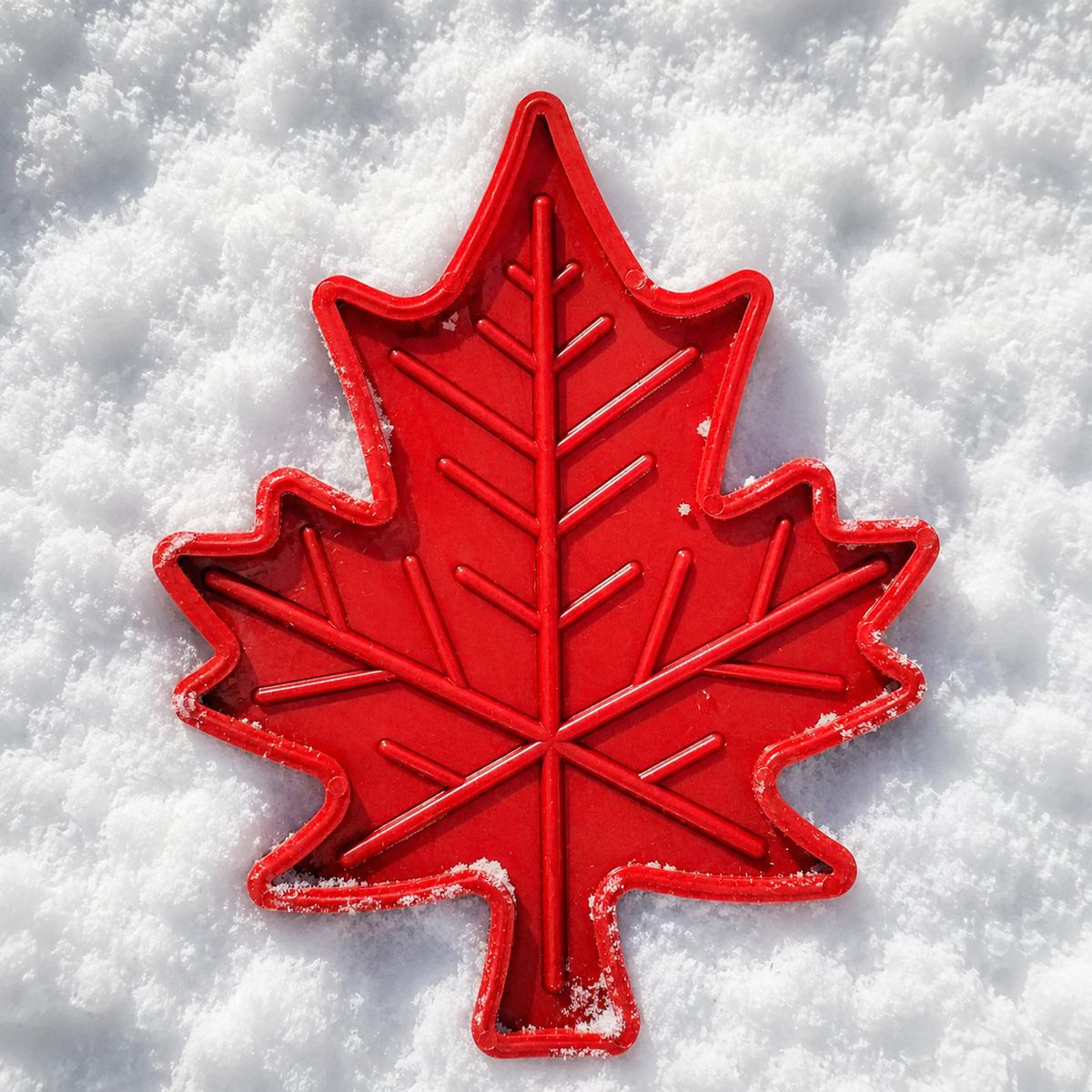 Red Maple Leaf chew toy in the snow