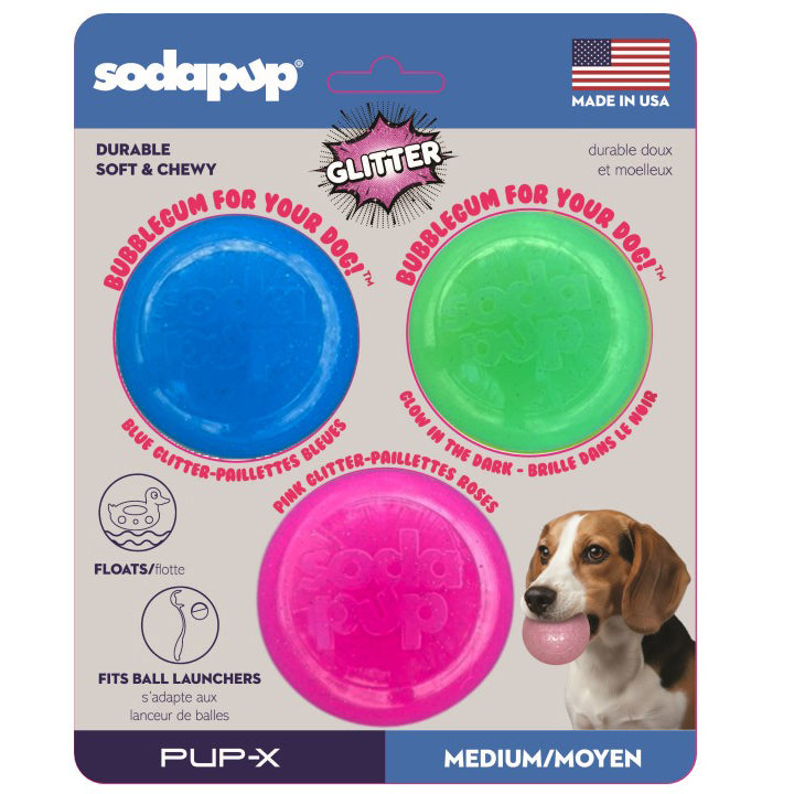 Glitter Ball 3-Pack Dog Toy | Soft PUP-X Rubber Floating Fetch Ball with Treat Dispenser | USA Made