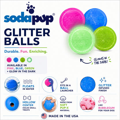 Glitter Ball 3-Pack Dog Toy | Soft PUP-X Rubber Floating Fetch Ball with Treat Dispenser | USA Made