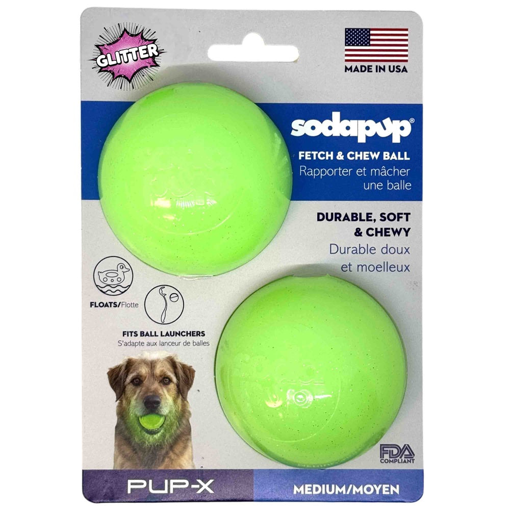 Green Glitter Ball 2-Pack Dog Toy | Soft PUP-X Rubber Floating Fetch Ball with Treat Dispenser | USA Made - SodaPup/True Dogs, LLC