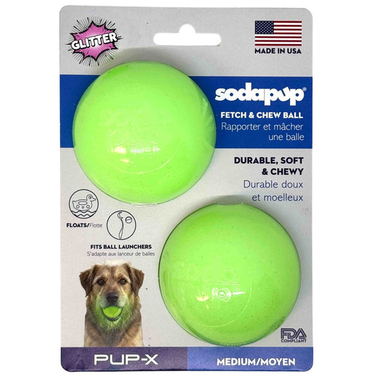 Green Glitter Ball 2-Pack Dog Toy | Soft PUP-X Rubber Floating Fetch Ball with Treat Dispenser | USA Made - SodaPup/True Dogs, LLC