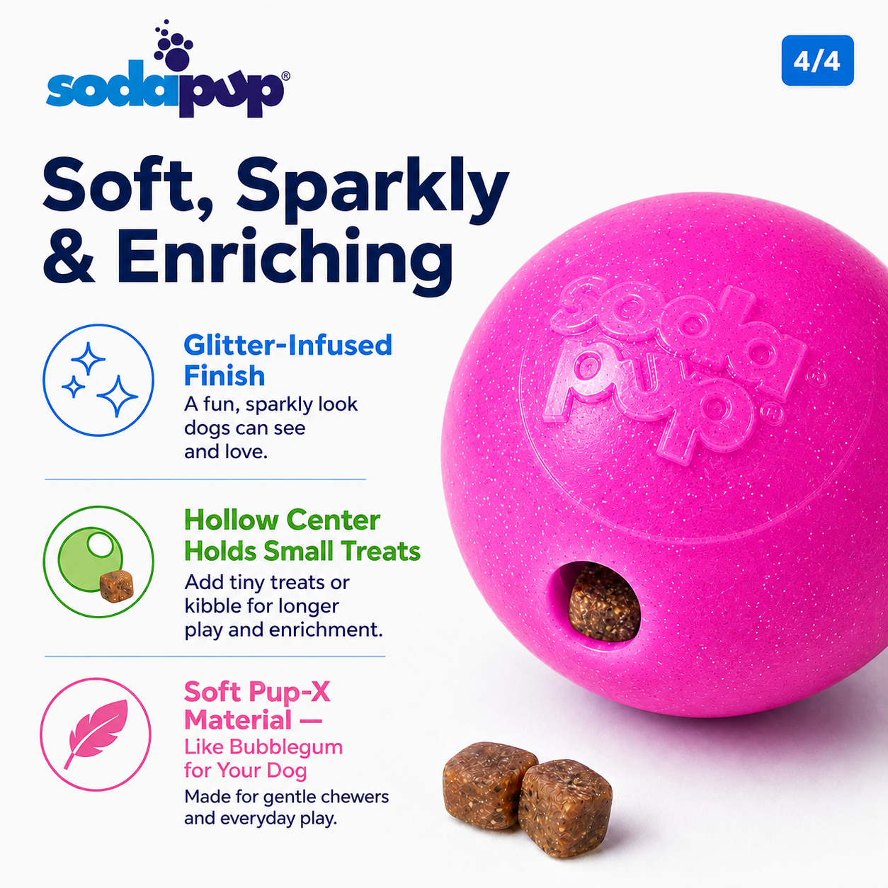 Glitter Ball  Dog Toy | Soft PUP-X Rubber Floating Fetch Ball with Treat Dispenser | USA Made - SodaPup/True Dogs, LLC
