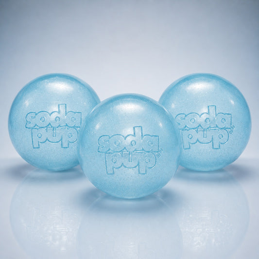 Ice Blue Glitter Ball Dog Toy 3-pack Close-Out | Soft PUP-X Rubber Floating Fetch Ball with Treat Dispenser | USA Made - no packaging - not for resale - SodaPup/True Dogs, LLC