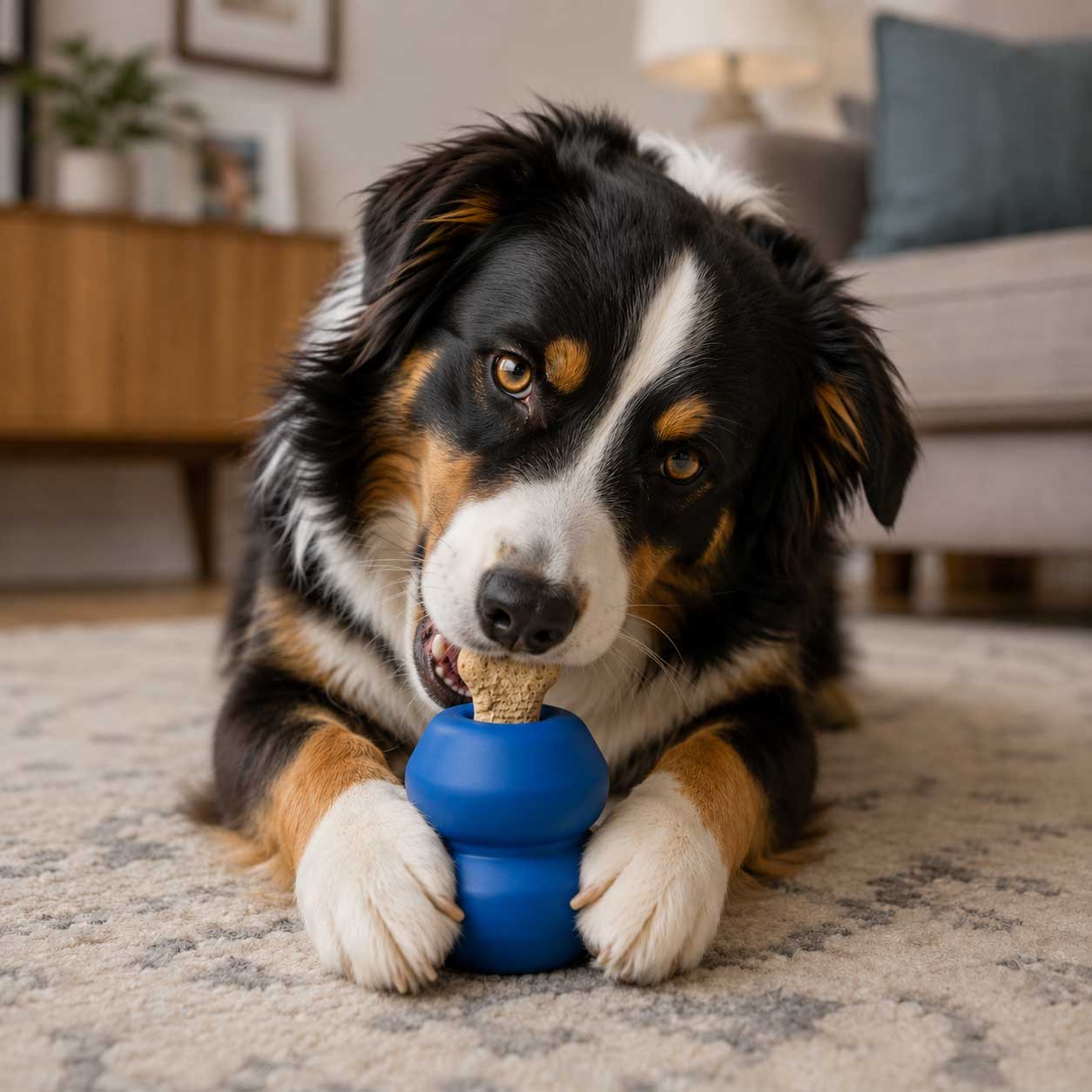 Dog playing with a blue KONG toy on a carpeted floor.