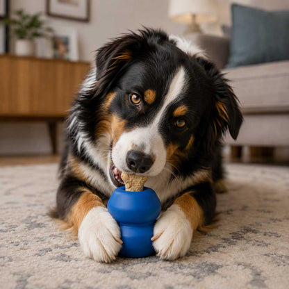 Dog playing with a blue KONG toy on a carpeted floor.
