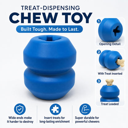 Blue treat-dispensing chew toy with features highlighted on a white background
