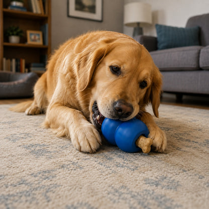 Dog playing with a blue ball on a carpeted floor in a living room.
